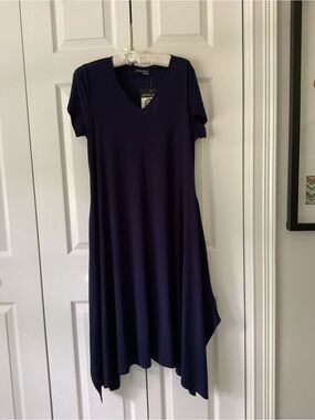 Attitudes by Renee Navy V-Neck Short Sleeve Asymmetrical Hem Dress